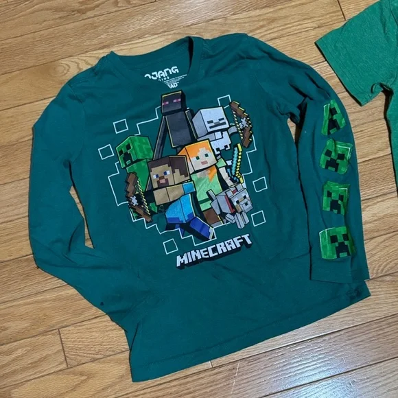 Bundle of Kids Green Long Sleeve and Short Sleeve Minecraft T-Shirts - Picture 2 of 4